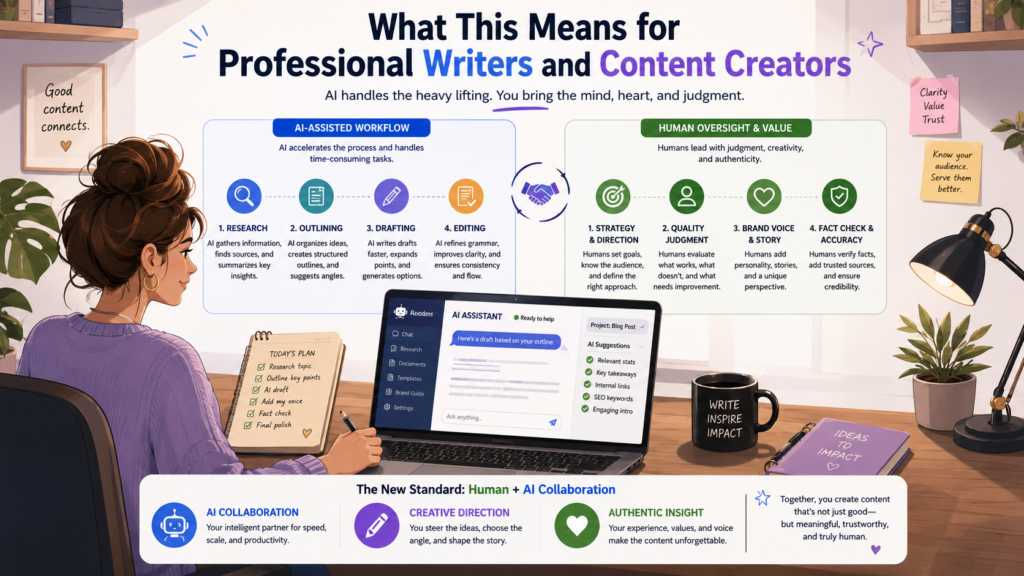 Professional writer collaborating with AI for strategy, drafting, and editing.