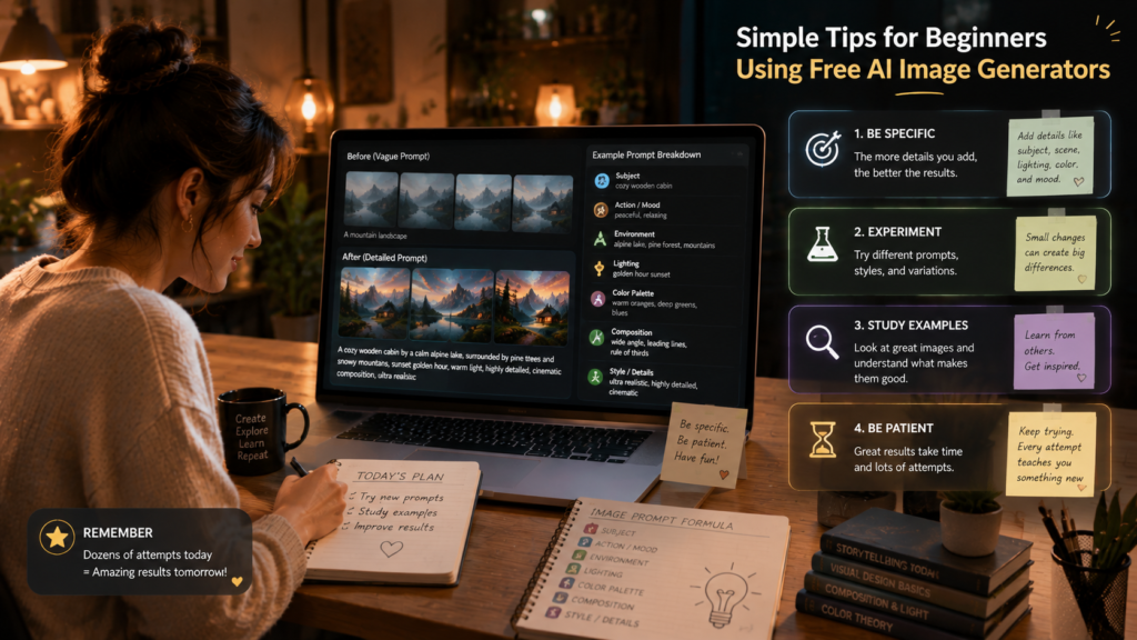 Beginner applying simple prompt tips in free AI image generators.